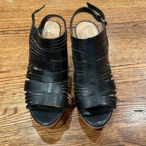 Franco Sarto “SHARP” Black Leather Faux Cork Platform Wedge/Heel/Sandal